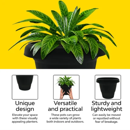 Black plastic flower pot for indoor and outdoor gardening